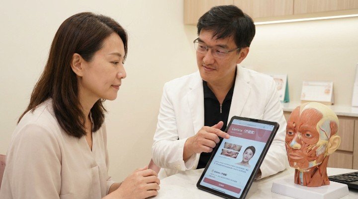 醫師操作Lenisna為患者改善法令紋凹陷 診所櫃檯展示Lenisna喬雅露深層版針劑 顯微鏡下Lenisna專利PDLLA微粒結構 專業醫師解析Lenisna深層支撐的治療效果