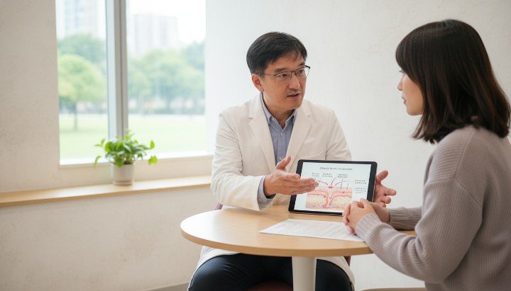 專業醫師正在說明皮膚過敏症狀的成因 患者手臂特寫呈現紅腫皮膚過敏症狀 塗抹保濕霜有效緩解皮膚過敏症狀示範