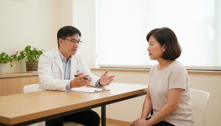 醫師在診間與患者討論癌症基因檢測報告 顯微鏡下觀察DNA序列進行癌症基因檢測 醫療專業團隊執行精準癌症基因檢測流程 透過針對性癌症基因檢測評估家族遺傳風險