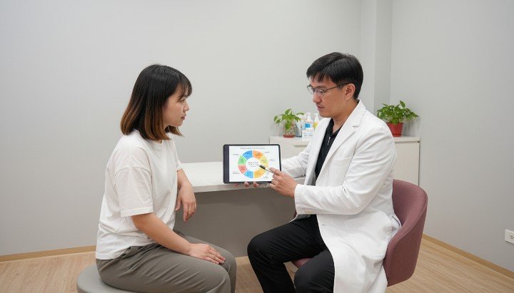 醫師在門診向患者說明減肥針數據趨勢 醫療設備顯示精準的減肥針數據分析圖 專業醫事人員記錄患者的減肥針數據變化 診所內展示科學減重與減肥針數據看板