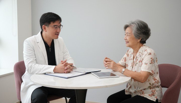 診所內進行專業醫學美容術後追蹤說明 患者在門診接受醫學美容術後追蹤評估 醫師利用圖表講解醫學美容術後追蹤流程 居家護理結合醫學美容術後追蹤保證效果