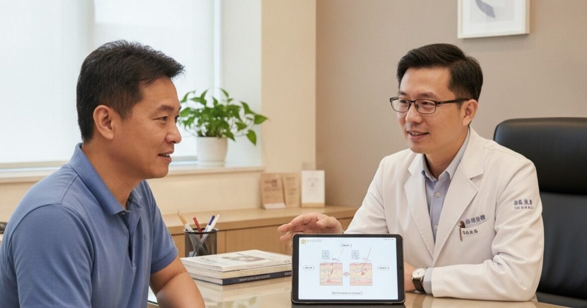 吳芮醫師在診間仔細進行術前評估，患者專心聆聽減重筆的建議。